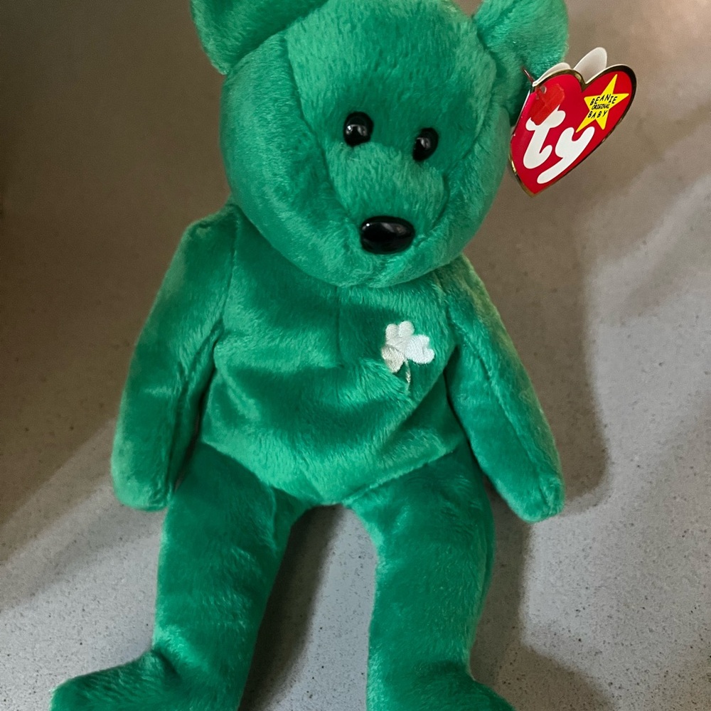 Ty Green Stuffed Animal Bear with Shamrock